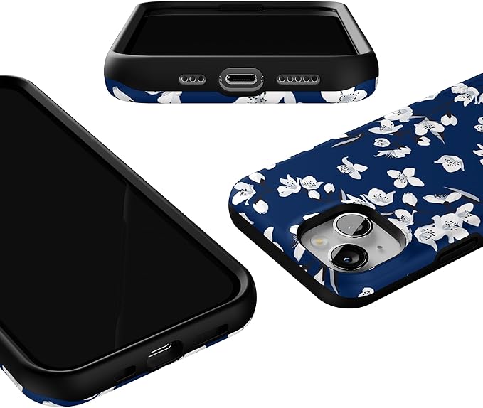 Casely iPhone 14 Case | Floral Forest | Navy Cherry Blossom Floral | Compatible with MagSafe | Bold Protective Design