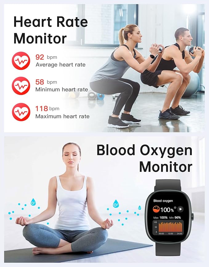 HUAKUA Smart Watches for Women Men (Answer/Make Calls), 1,85" HD Smart Watch for iPhone/Android Phones, Fitness Tracker with 100+ Sport Heart Rate/Sleep Monitor Pedometer IP68 Waterproof (Black)