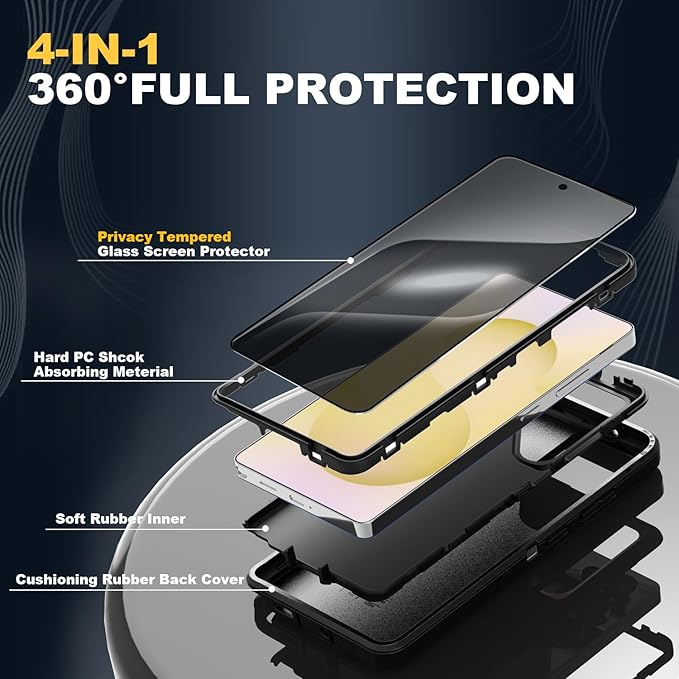 Designed for Samsung Galaxy S24 Ultra Case [with Privacy Screen Protector] 3-Layer Full Body Protection Rugged Shockproof Heavy Duty Phone Case Cover, Black