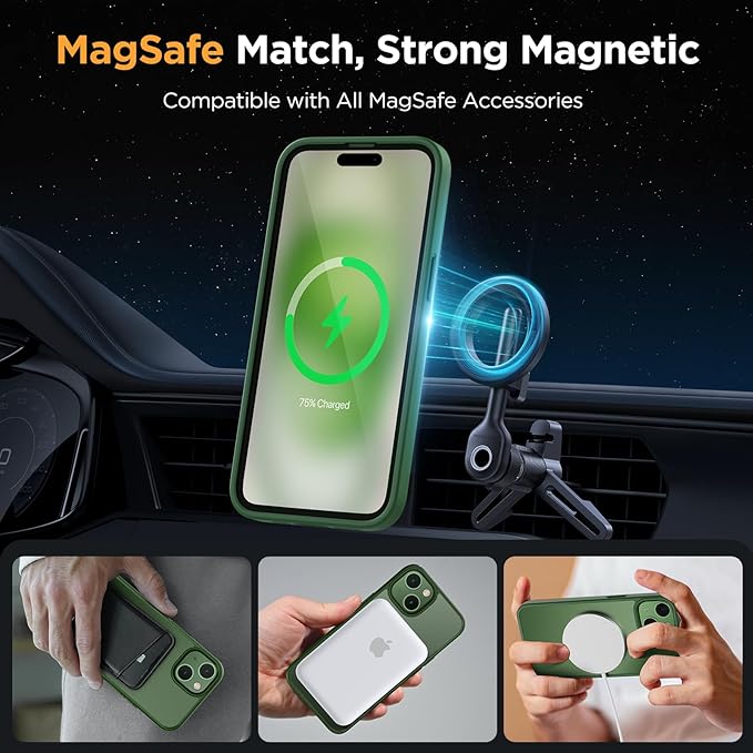 Miracase Magnetic for iPhone 15 Plus Case 6.7 inch (Compatible with MagSafe)（with 2X Screen Protectors） Military-Grade Protection, Anti-Fingerprint Translucent Matte Phone Cover, Dark Green