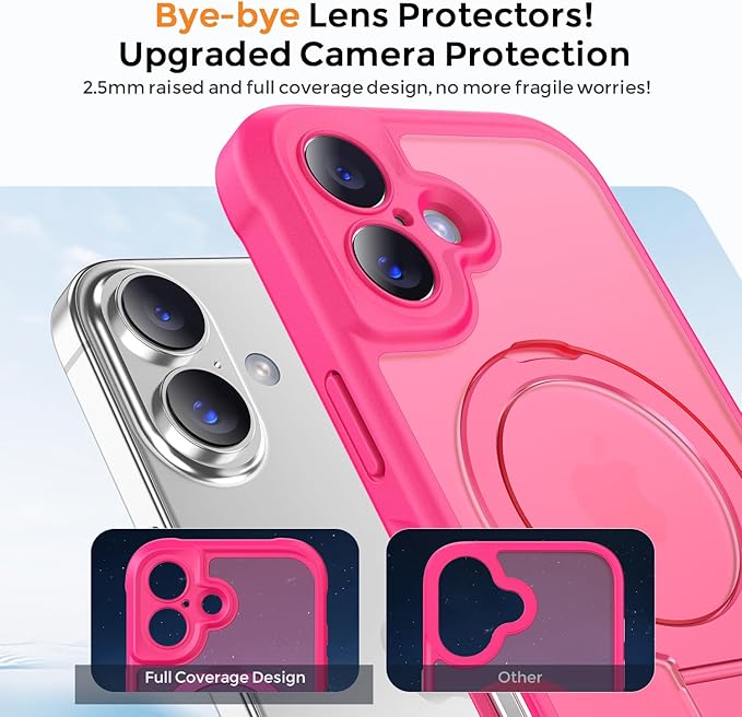 MOCCA Compatible with iPhone 17 Case with Magnetic Invisible Stand [Full Camera Protection] [Compatible with Magsafe] Military Drop Shockproof Translucent Matte Phone Case Cover 6.3",Hot Pink