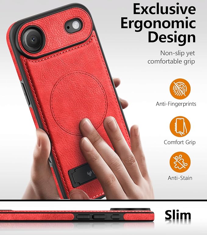 Magnetic for iPhone Air Leather Case,Built-in Invisible Stand [Compatible with Magsafe] Protective Slim Kickstand Phone Cover for iPhone Air Case, Red