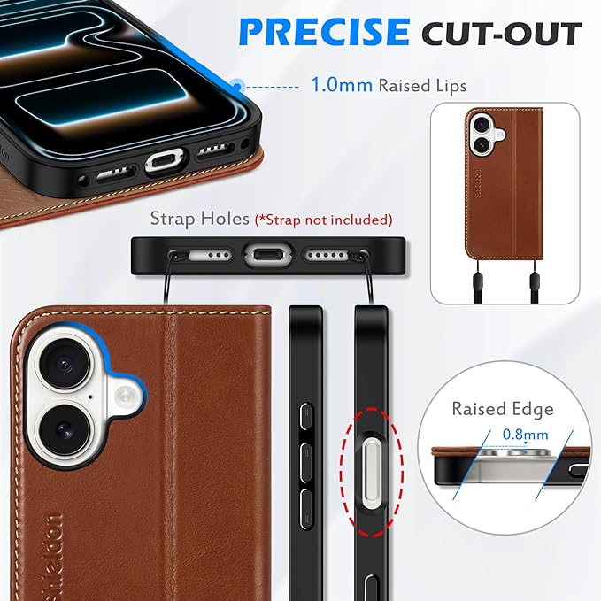 SHIELDON Genuine Leather Case Wallet for iPhone 17 6.3-inch 5G 2025 | Foldable, Magnetic Closure, Kickstand, RFID Blocking Credit Card Holder, Shock-Absorbent Phone Cover - Retro Brown