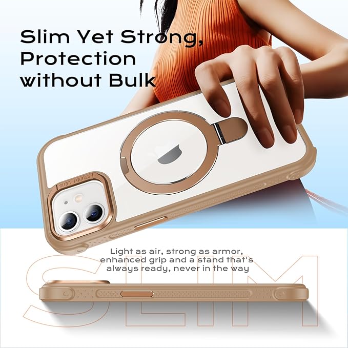 Anqrp O-Ring Magnetic Kickstand Clear Case for iPhone 12/12 Pro, Compatible with Mag-Safe, Military-Grade Reinforced 4-Corners Anti-Yellowing Transparent Phone Case Cover for iPhone 12/12 Pro, Gold