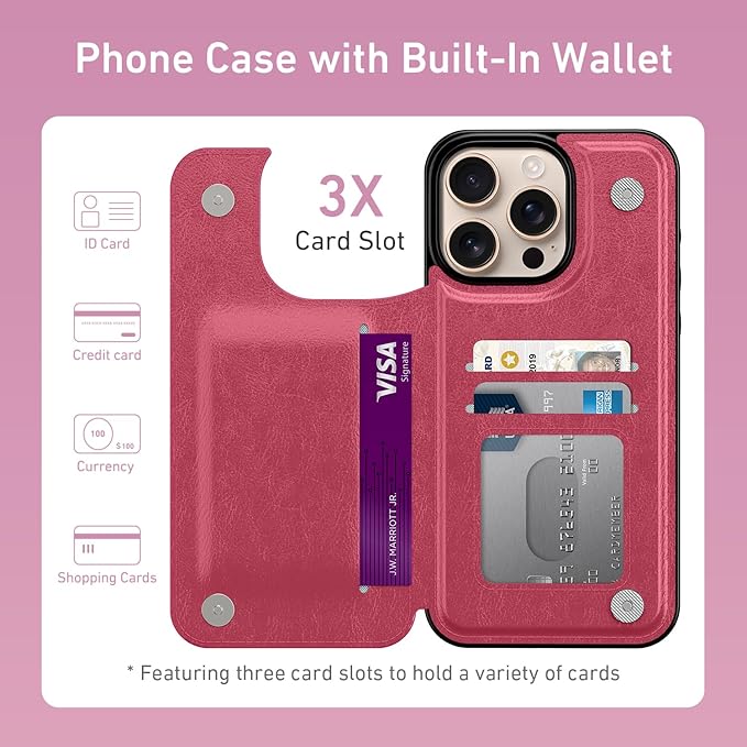 FUNMIKO for iPhone 16 Pro Wallet Case with Card Holder, RFID-Blocking, Military-Grade Protection & UV-Printed Artwork, Magnetic Closure with Leather Kickstand - Hot Pink