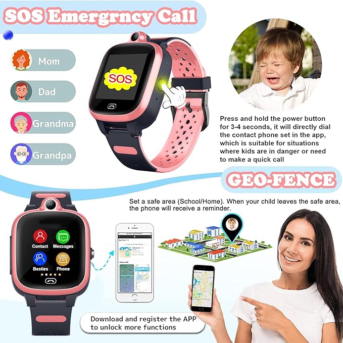 TEZILON Kids 4G GPS Smart Watch Worldwide Real-Time Tracking Phone Video Call Text Waterproof SOS Emergency Alarm Voice Message Camera Geo-Fence Pedometer Anti-Lost GPS Tracker 3-15 Girls Present