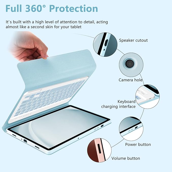 MMK Galaxy Tab A9 Plus Case with Keyboard, Samsung A9 Plus Tablet Case Keyboard (11" 2023, SM-X210/X216/X218), Wireless Detachable-Glacier Blue