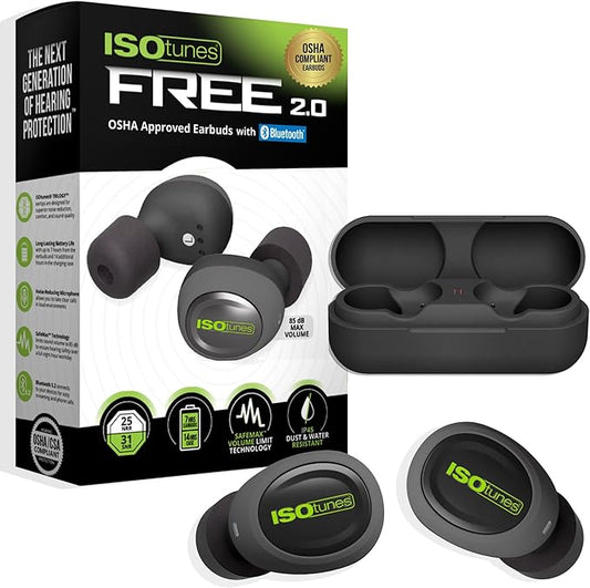 ISOtunes Free 2.0 Bluetooth Hearing Protection Earbuds - 25 dB NRR OSHA Approved Earbuds, Wireless Bluetooth Earplug Headphones for Work