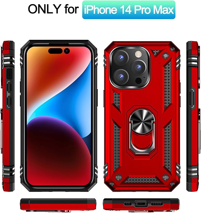 ADDIT Phone Case for iPhone 14 Pro Max Case,with Kickstand Ring,Adjustable Stand,Military Grade,Heavy Duty Protection,Shockproof,Anti-Fingerprint,Support Magnet Car Mount,Red