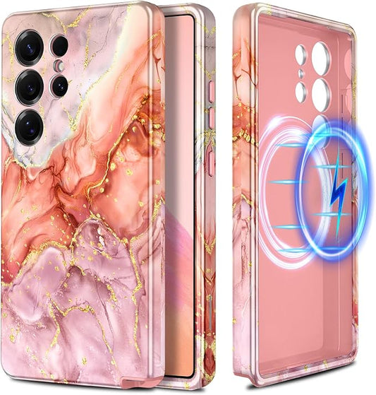 Casetego for Galaxy S25 Ultra Case,Compatible with MagSafe,[Military Grade Drop Test] Full Body Protection Slim Shockproof Rugged Marble Women Case for Samsung Galaxy S25 Ultra 6.9 inch,Gold