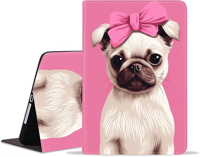 Case for Samsung Galaxy Tab S10 Lite / S10 FE / S9 FE 10.9-Inch / S9 11-Inch, Slim Lightweight PU Leather Stand Cover with Auto Wake/Sleep, Cute Pug with Pink Bow