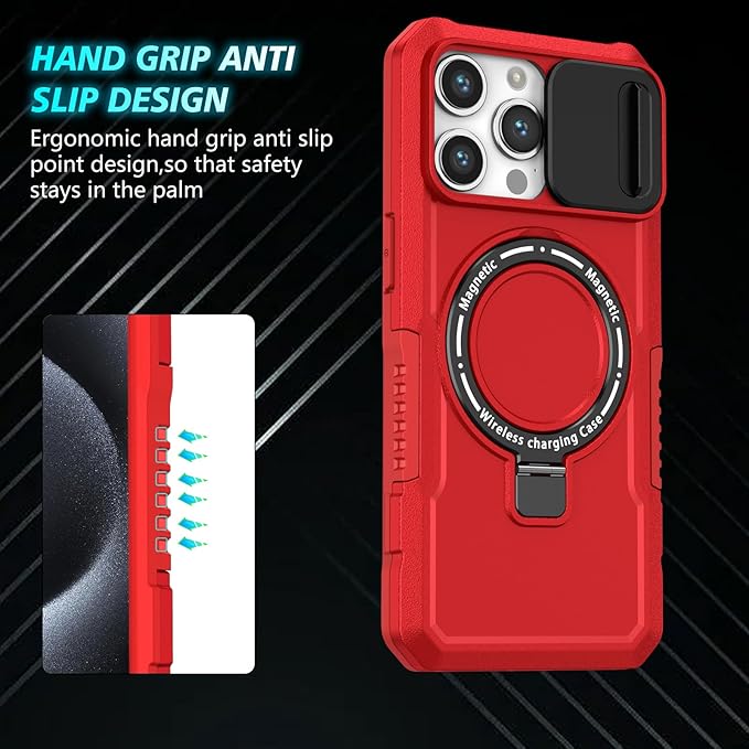 for iPhone 15 Pro Case Magnetic Compatible with MagSafe Wireless Charging,with 2 Screen Protector,Built-in Kickstand Ring,with Camera Cover Anti-Scratch Shockproof Heavy Duty Protection Red