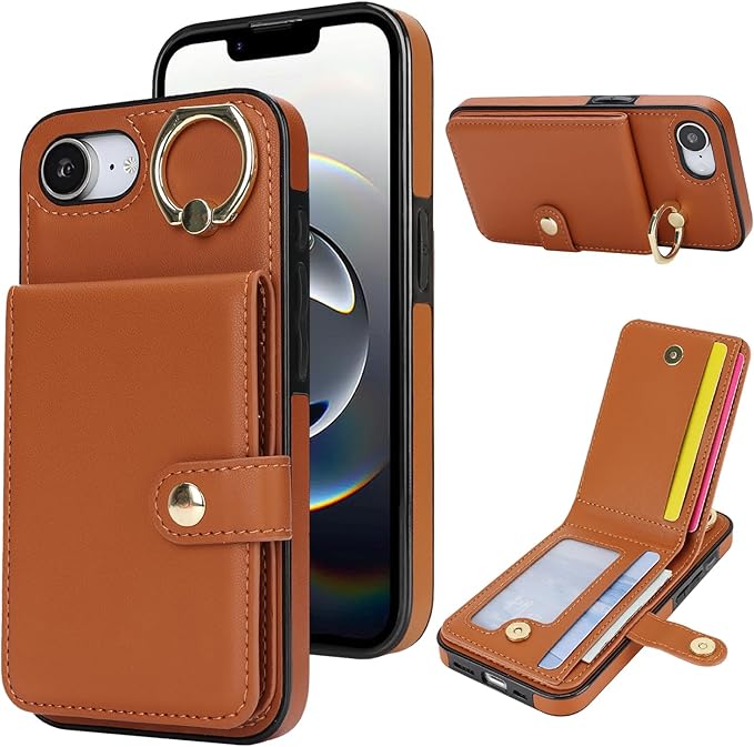 Compatible iPhone 16e Wallet Case with Card Holder RFID Blocking PU Leather Doubles as a Wallet Unisex Flip Shockproof Protection with Card Slots Ring Wrist Kickstand Function,Brown