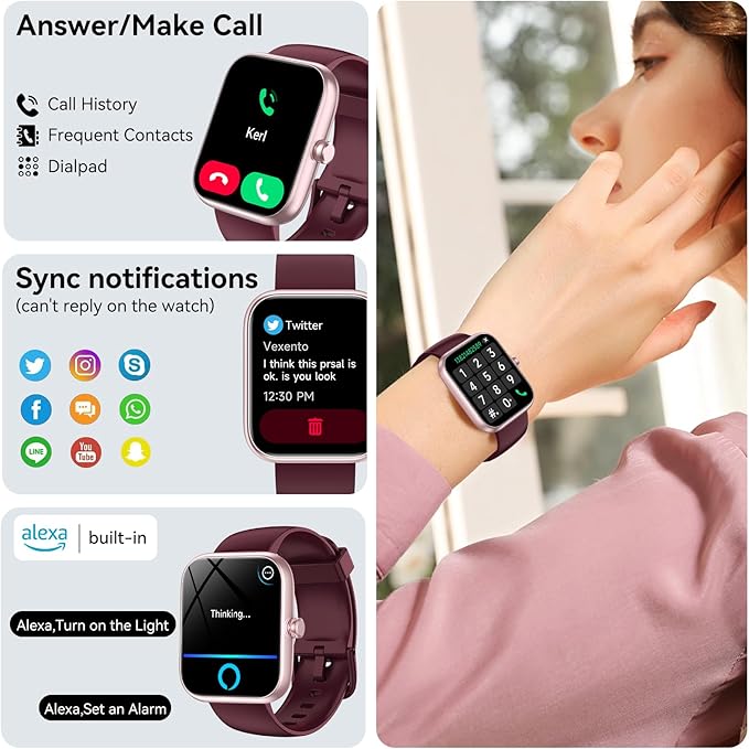 Smart Watch with Alexa Built-in, 1.83" HD Touchscreen, Bluetooth Calling Fitness Tracker, Health Monitor Heart Rate/Sleep Tracking, IP68 Waterproof, 120+ Sports Modes for Android iPhone (Red)