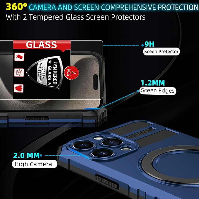Magnetic for iPhone 14 Pro Max Case Compatible with MagSafe Wireless Charging,for 15 Pro Max Case with 2 Screen Protectors,Built-in Kickstand Ring,Shockproof Heavy Duty Protection,Blue