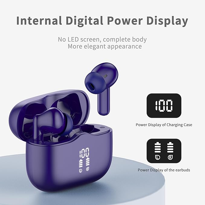 Wireless Earbuds, Bluetooth 5.4 Headphones in Ear with HiFi Stereo Deep Bass, 4 ENC Noise Cancelling Mic Wireless Earphones 40H, in-Ear Earbud Bluetooth Dual LED Display IP7 Waterproof, Pure-Blue