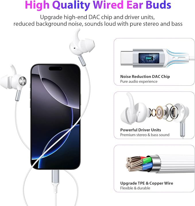 APETOO Wired Ear Buds Sport USB-C Headphone w/Anti-Fall/Hurt Wingtips for iPhone 17/16/15/Android, Hands-Free Call, Pure Stereo Deep Bass, Noise Isolating in-Ear Earbuds for Outdoor/Indoor/Small Ear