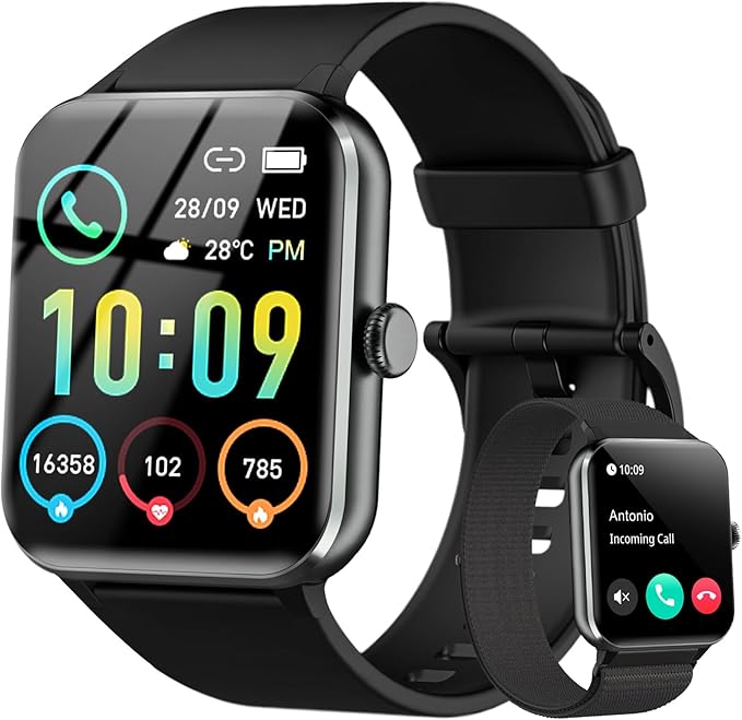 Smart Watch(Answer/Make Call), 1.85" Smartwatch for Men Women, 100+ Sport Modes, Pedometer, IP68 Waterproof Fitness Tracker, Heart Rate/Sleep Monitor, Smart Watches for Android & iOS (2 Straps)