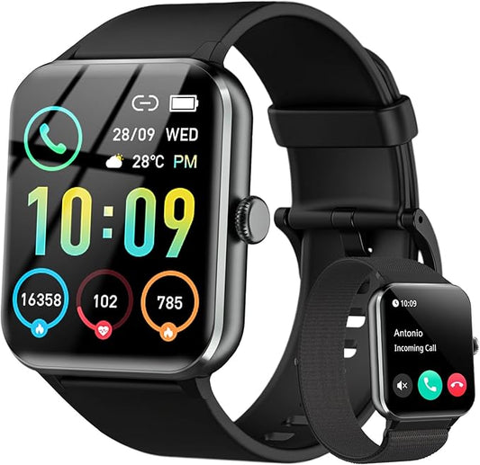 Smart Watch(Answer/Make Call), 1.85" Smartwatch for Men Women, 100+ Sport Modes, Pedometer, IP68 Waterproof Fitness Tracker, Heart Rate/Sleep Monitor, Smart Watches for Android & iOS (2 Straps)