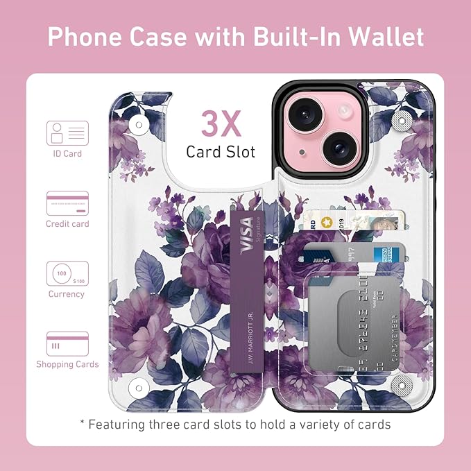 FUNMIKO for iPhone 15 Wallet Case with Card Holder, RFID-Blocking, Military-Grade Protection & UV-Printed Artwork, Magnetic Closure with Leather Kickstand - Elegant Purple Floral