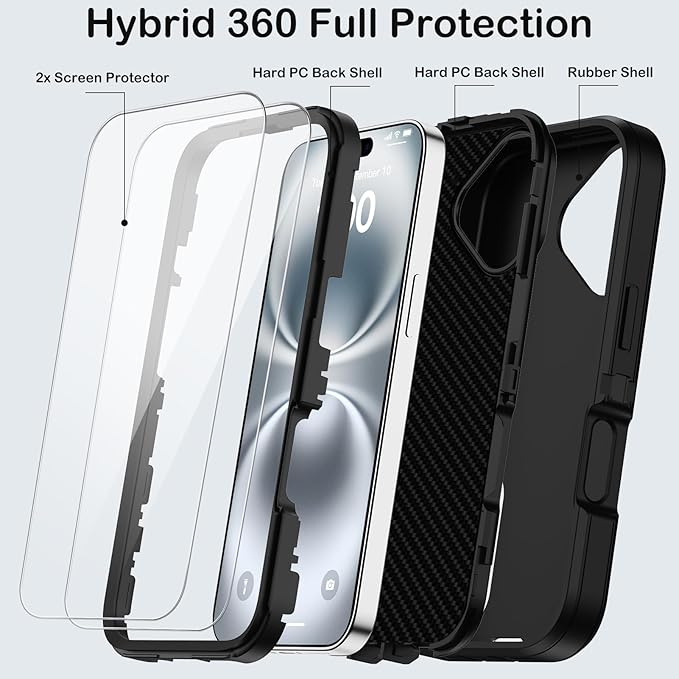 for iPhone 16 Case with 2 Screen Protectors,Heavy Duty Shockproof Drop Protection Military Grade Tri-Layer Rugged Cell Phone Cover with Built-in Invisible Kickstand 6.1“ (Black)