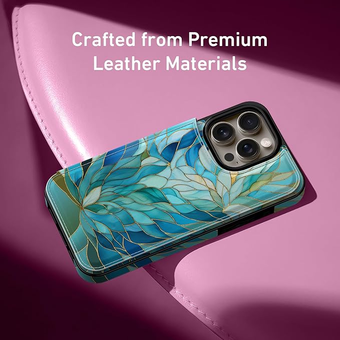 FUNMIKO for iPhone 14 Pro Wallet Case with Card Holder, RFID-Blocking, Military-Grade Protection & UV-Printed Artwork, Magnetic Closure with Leather Kickstand - Sleek Cyan Leaf