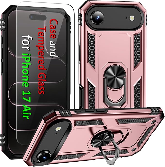 ADDIT Compatible with iPhone 17 Air Case with Tempered Glass Screen Protector, Adjustable Kickstand Ring, Military-Grade Heavy Duty Protection, Shockproof, Anti-Fingerprint,Rose Gold