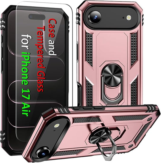 ADDIT Compatible with iPhone 17 Air Case with Tempered Glass Screen Protector, Adjustable Kickstand Ring, Military-Grade Heavy Duty Protection, Shockproof, Anti-Fingerprint,Rose Gold