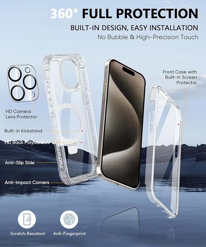 Compatible with iPhone 15 Pro Max Case, Built-in Screen Protector & Seamless Stand, with Camera Lens Protector, Strong Magnetic Clear Phone Case, Full Body Protective Cover for 6.7" (Clear)