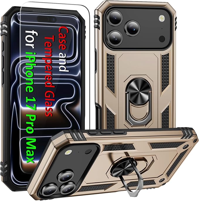ADDIT Compatible with iPhone 17 Pro Max Case with Tempered Glass Screen Protector, Adjustable Kickstand Ring, Military-Grade Heavy Duty Protection, Shockproof, Anti-Fingerprint,Gold