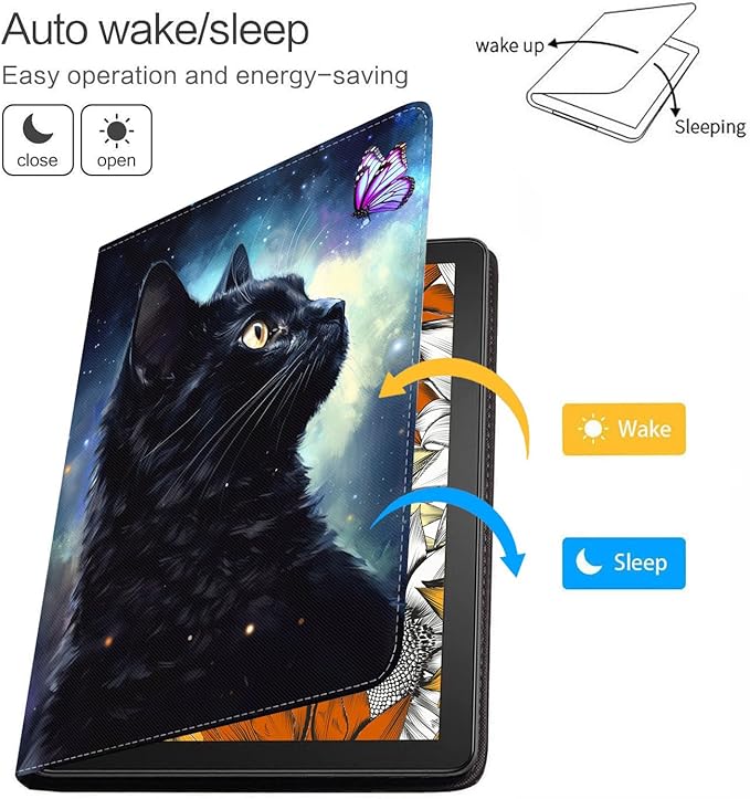 Case for Samsung Galaxy Tab S10 Lite / S10 FE / S9 FE 10.9-Inch / S9 11-Inch, Slim Lightweight PU Leather Stand Cover with Auto Wake/Sleep, Black Cat and Butterfly