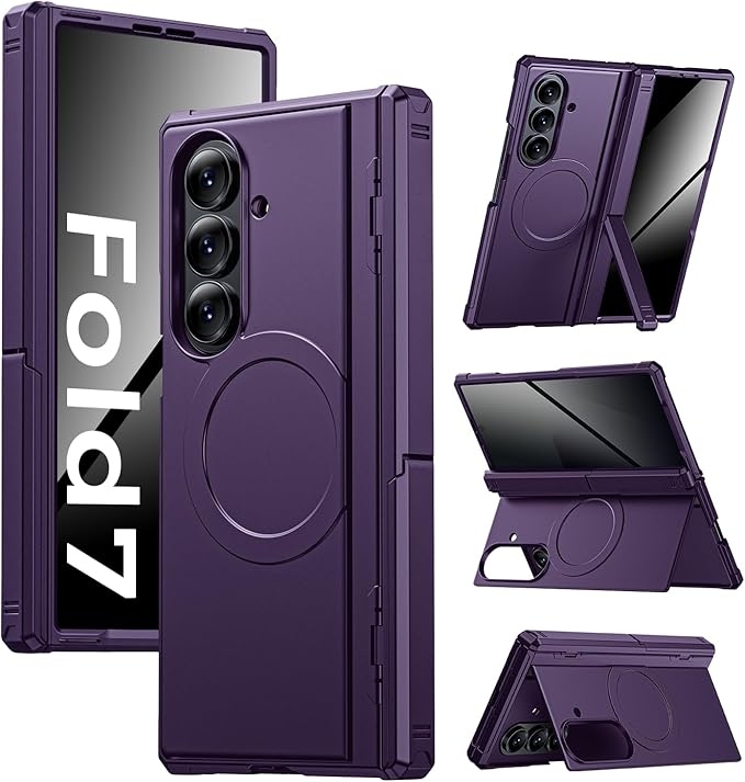 for Samsung Galaxy Z-Fold-7 Case: Magnetic Shockproof Rugged [Dual-Stand] [Hinge Protection] [Fit for Magsafe] [Anti Spy] Full-Body Silicone Women Men Cover for ZFold 7 5G 2025 (Purple)