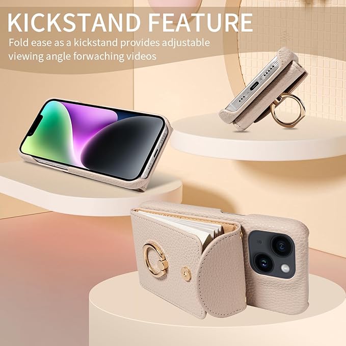 for iPhone 14 6.1 inch Organ Wallet Case with Tempered Glass Screen Ring Buckle Shoulder Strap PU Leather Flip Purse Card Holder Stand Phone Cover for iPhone14 5G i i-Phone i14 14Case White