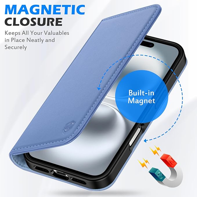 SHIELDON Wallet Case for iPhone 16 6.1", Genuine Leather Folio Magnetic Kickstand RFID Blocking Credit Card Slots Protective Phone Cover Compatible with iPhone 16 5G 2024 - Nappa Wisteria Purple