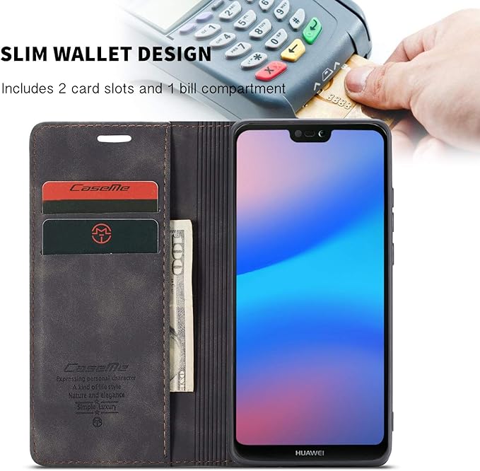 for Huawei P20 Lite Case, Flip Wallet Leather Case with Card Holder Magnetic Closure Shockproof Kickstand Protective Phone Cases Cover for Huawei P20 Lite,Black