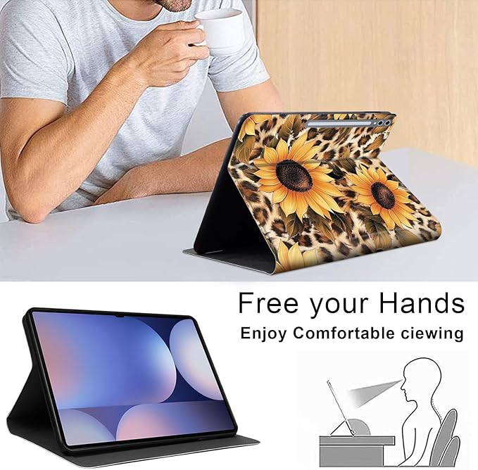 Case for Samsung Galaxy Tab S10 Ultra/Galaxy Tab S9/S8 Ultra 14.6-Inch, Slim PU Leather Stand Cover with Auto Wake/Sleep, Multi-Angle Viewing & Shockproof, Leopard Sunflower
