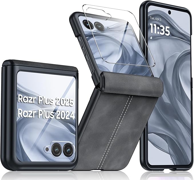 for Motorola razr+ Plus 2024 Case/Razr+ Plus 2025 Case Built-in Screen Protector& Hinge Protection & Ultra Thin PU Leather Matte PC Shockproof Phone Case for Moto Razr+ 2024/2025 (Black Gray)
