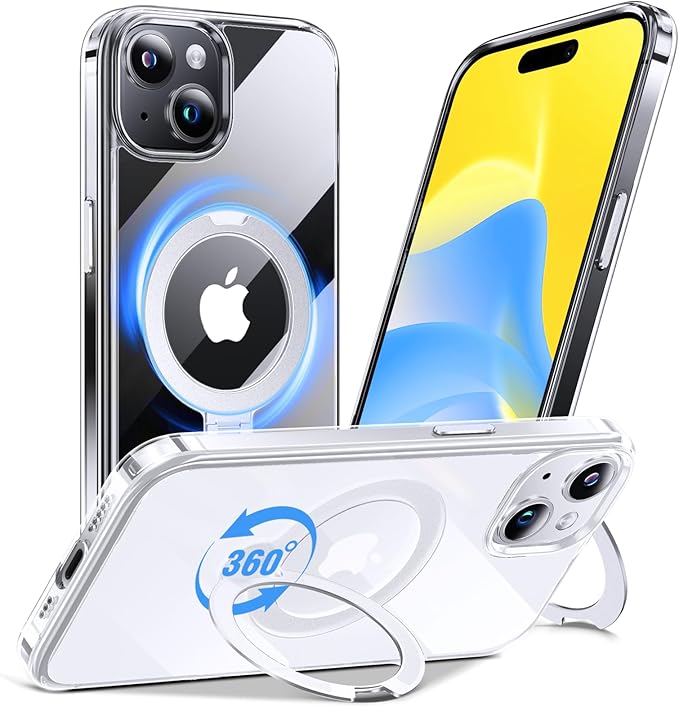 Anqrp 360° All-in-ONE Crystal Clear Case for iPhone 15 with Rotatable Magnetic Stand, Compatible with MagSafe, Anti-Yellowing Transparent MIL-Grade Shockproof Phone Case Cover for iPhone 15