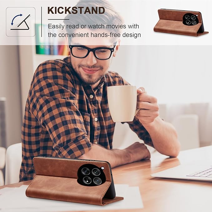 Jasonyu Flip Wallet Case for OnePlus 12,Leather Magnetic Folio Cover with Card Holder,Kickstand - TPU Shockproof Durable Protective Phone Case,Brown