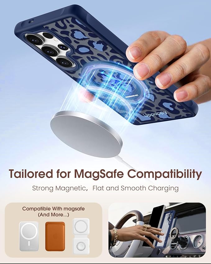 for Samsung Galaxy S25 Ultra Case with 360° Rotatable Magnetic Ring - Compatible with MagSafe, Semi-Transparent Soft-Touch Material Shockproof, Cute Blue Cheetah Print Design for Women Girl