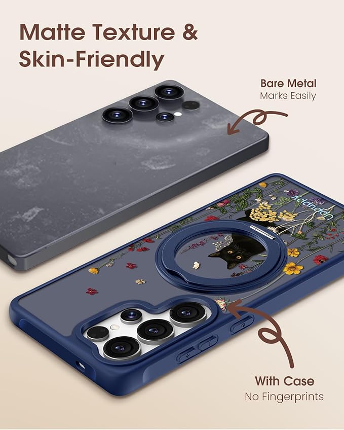 for Samsung Galaxy S25 Ultra Case with 360° Rotatable Magnetic Ring - Compatible with MagSafe, Semi-Transparent Soft-Touch Material Shockproof, Cute Black Cat Design for Women Girl