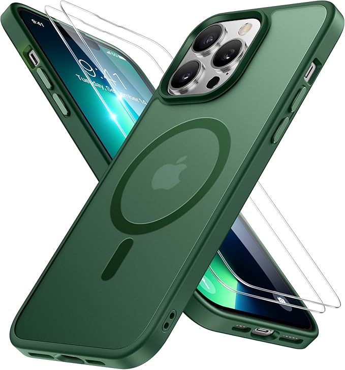 Miracase Magnetic Series Designed for iPhone 13 Pro Case [Compatible with MagSafe] [with 2X Screen Protectors] Anti-Fingerprint, Magnetic Phone Case for iPhone 13 Pro 6.1 inch - Dark Green