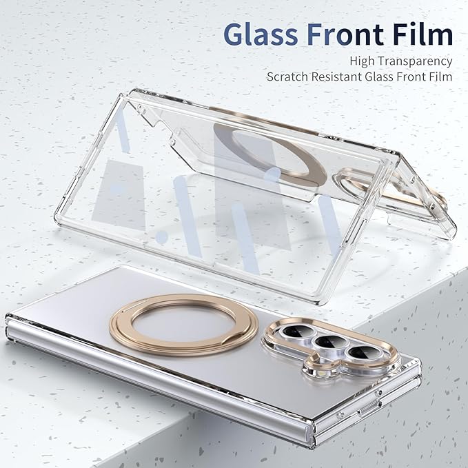 for Samsung Galaxy Z Fold 7 Case with Magnetic Ring Holder, 360 Rotating Bracket, Built-in Front Screen Len Protector, Anti-Yellowing & Anti-Fingerprint Crystal Clear Case.(Gold)