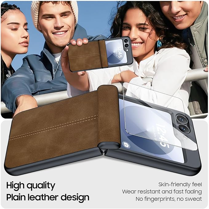 for Samsung Galaxy Z Flip 6 Case/Z Flip 7 FE Case with Hinge Protection & Built-in Screen Protector, Ultra Thin Leather Shockproof Cover Phone Case for Galaxy Z Flip 6/Z Flip 7 FE-Brown