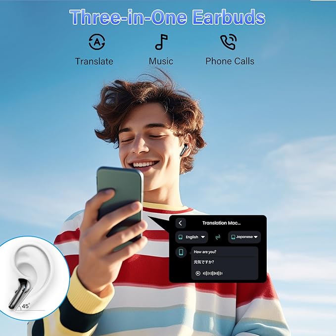 AI Translation Earbuds Real Time with Audio and Video Calls, 164 Language/7 Translation Modes Translator Earbuds Bluetooth 5.4 with APP, 48H AI Ear Buds Translator Device for Business/Learning/Travel