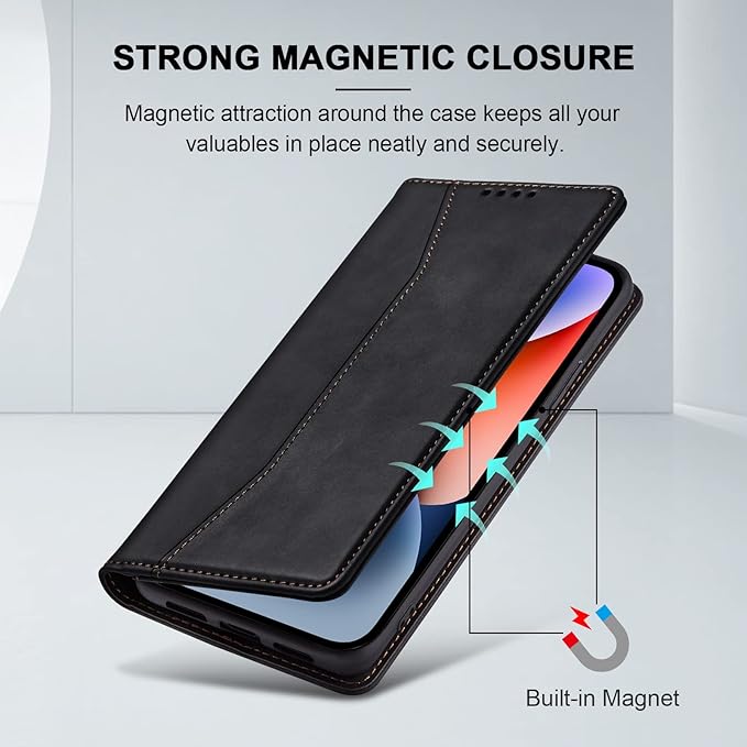 Jasonyu Flip Wallet Case for iPhone 14 5G,Leather Magnetic Folio Cover with Card Holder,Kickstand - TPU Shockproof Durable Protective Phone Case,Black