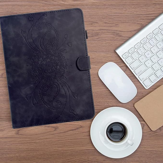 Mandala Flower Case Compatible with Galaxy Tab A9+ Plus 11 Inch 2024 2023 (SM-X210/X216/X218), Cute Elegant Embossed Suede Leather Folio Stand Case Protective Cover with Auto Wake/Sleep, Black