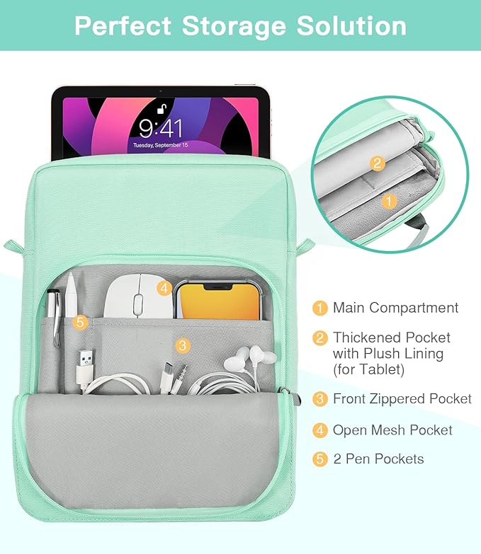 MoKo 9-11 Inch Tablet Sleeve Bag Fits iPad air 5 10.9" 2022, iPad Pro 11 M2 2022-2018, iPad 10th 10.9, Air 4 10.9, Tab S8 2022, Handle Carrying Case with Shoulder Strap, Mint Green