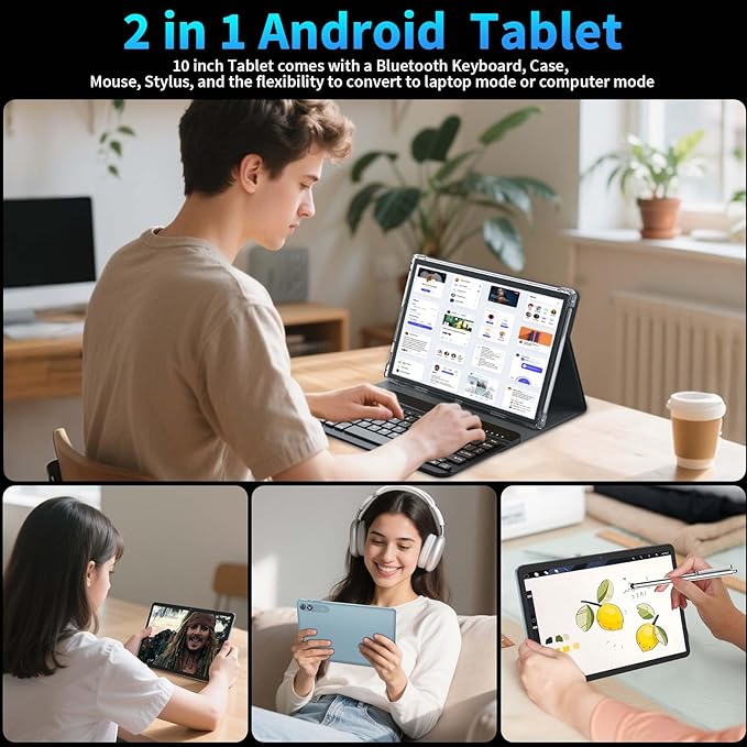 2025 Android 15 Tablet with Keyboard, 24GB+128GB+2TB Expand, 10.1 Inch Octa-Core 2-in-1 Tablets with 5G/2.4G WiFi, 8000mAh, BT5.0, GMS Certified, with Mouse, Case, Stylus, Split Screen(Black case)
