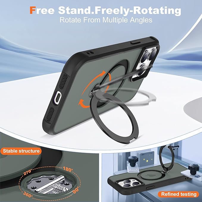 Compatible with iPhone 15 Pro Case with Invisible Magnetic 360°Spin Stand,Military-Grade Shockproof Protection [Compatible with Mag-Safe] Non-Slip Edge Translucent Case (6.1",Black)